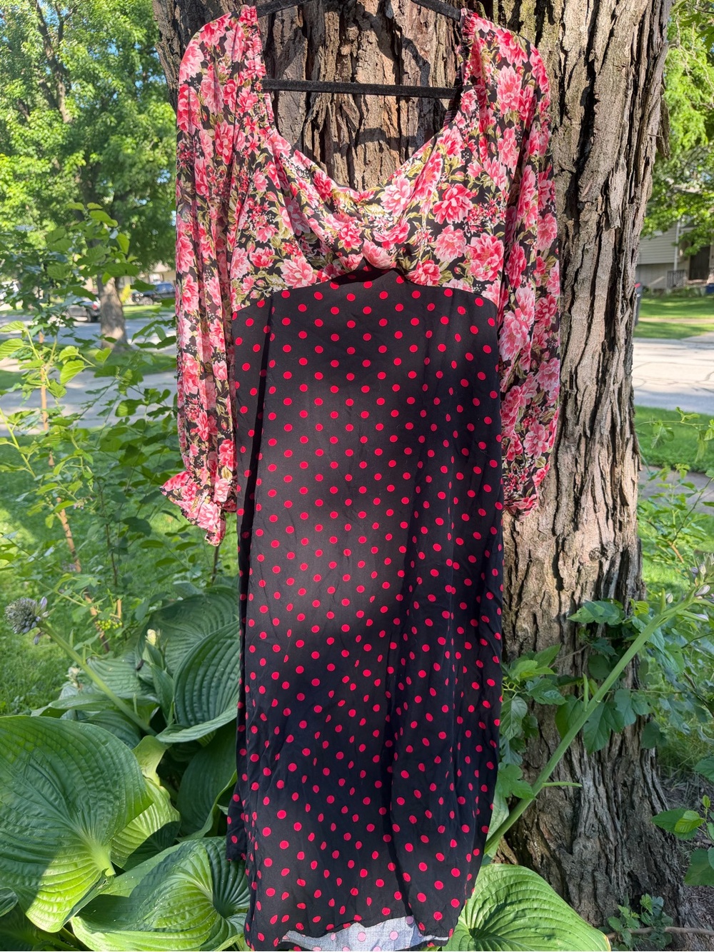 Main Strip Black Dress with Pink Floral Bodice and Polka Dot Skirt from DIL